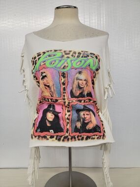 Poison Rock Band Fringe Tee Off-Shoulder Top - Upcycled Vintage